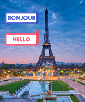 photograph of eiffel tower in paris france with the words "bonjour" and "hello" superimposed in blocky speech bubbles