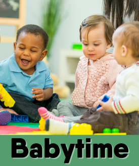 Photo of three babies sitting up and playing with toys