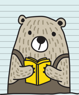 Cartoon drawing of a bear wearing overalls and reading a yellow book